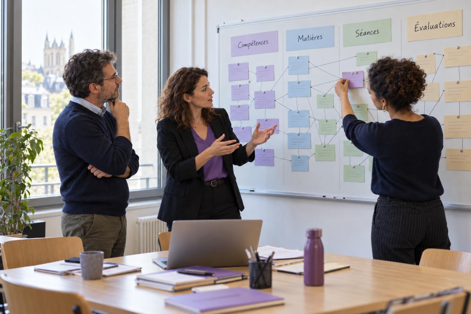 Tre responsabili didattici organizzano un pannello di schede collegate: competenze, materie, sessioni e valutazioni.