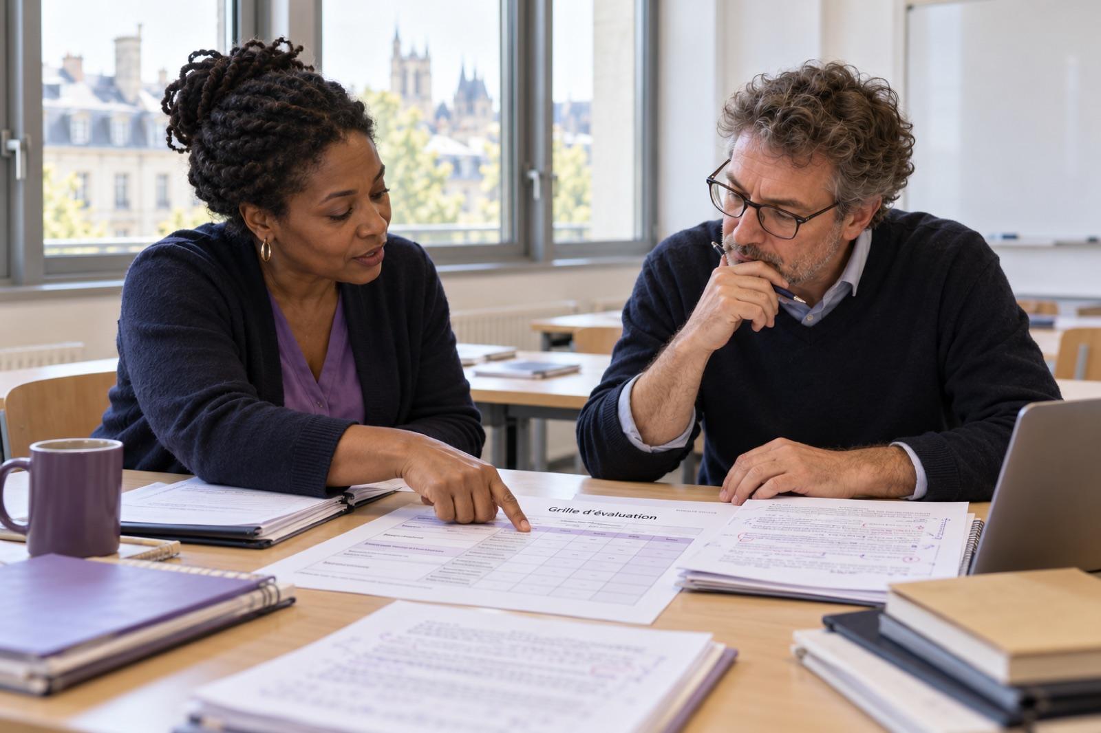 Two teachers compare their feedback on the same submission, with a marking scheme between them.