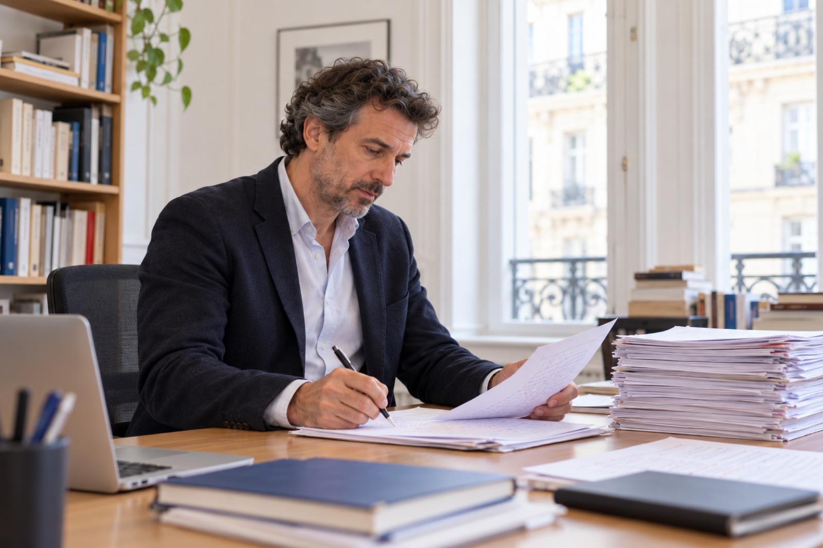 Un enseignant corrige une copie à son bureau, à côté d’une pile de copies.