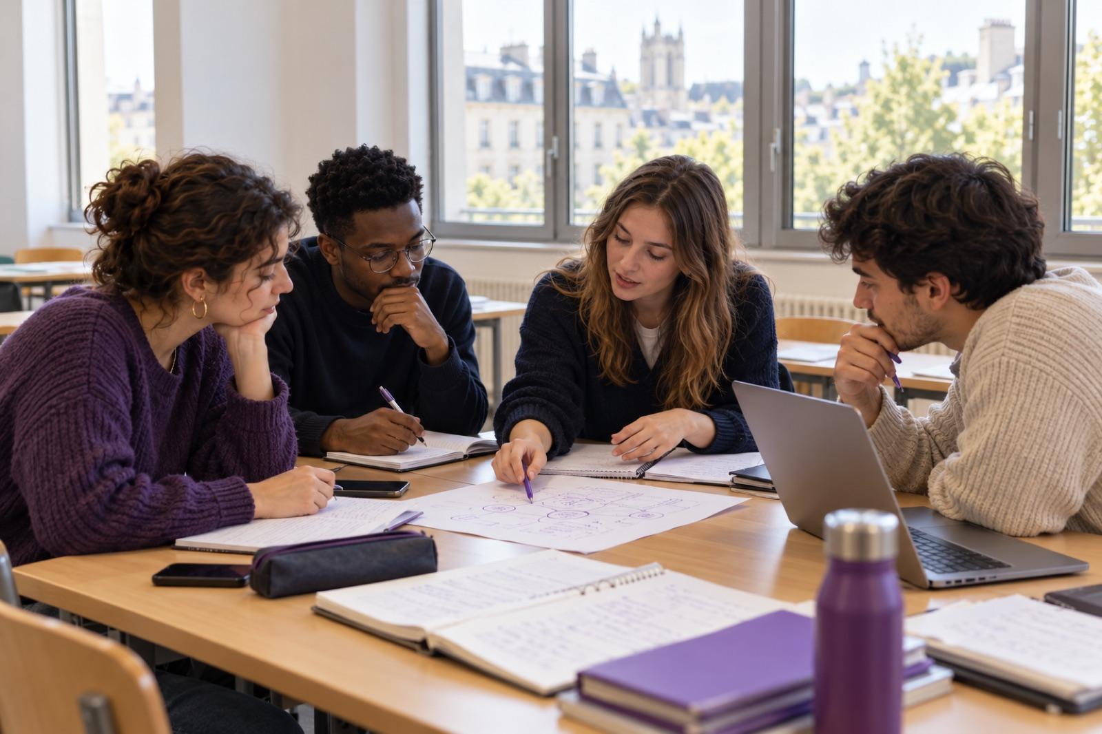 Cuatro estudiantes resuelven un caso práctico alrededor de una mesa.